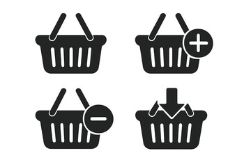 Shopping basket icon set for online store. E-commerce cart symbol collection. Add, remove from cart, and checkout buttons for web design, UI, UX. Vector graphic element.