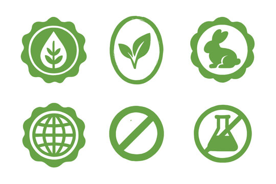 Organic vector label icon set. Natural, vegan, cruelty free, gmo free, paraben free, sustainable, eco friendly product badges. Healthy food and cosmetics packaging stamps.