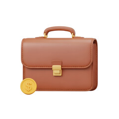 Brown leather briefcase with a gold coin isolated on white background