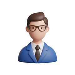 3d cartoon man with glasses and blue suit isolated on white background