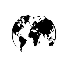 World map in black and white silhouette on transparent background