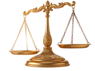 Ornate Gold Balance Scale with Liberty and Justice Labels on Pans
