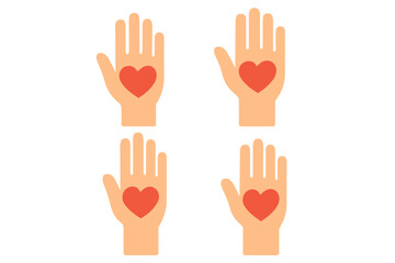 Volunteer hands with hearts icon set. Charity and donation concept. Vector illustration for social work, care, love, support, help, hope, community and nonprofit organization.