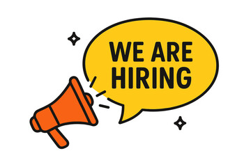 We are hiring banner with megaphone. Job vacancy announcement concept. Loudspeaker in speech bubble for employment and recruitment advertisement. Join our team vector illustration.