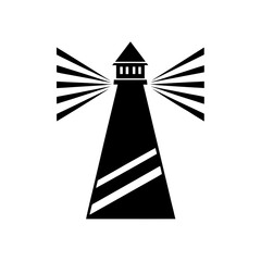 Silhouette of lighthouse on rocky island on transparent background