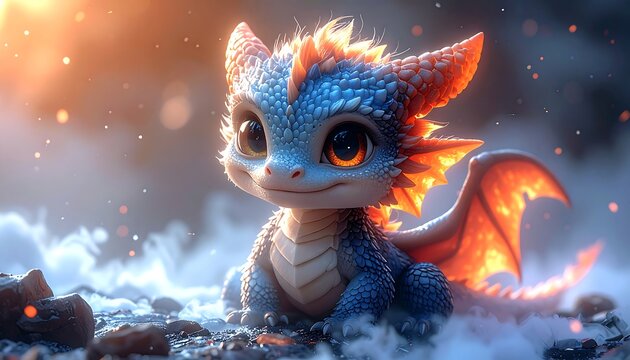 Cute baby dragon, sitting, vibrant colors, fantasy