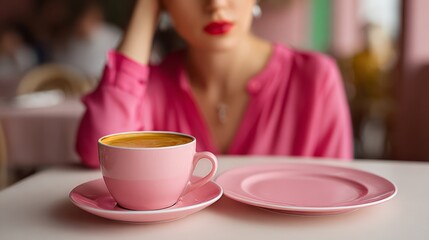 Fototapeta premium A close-up of a pink coffee cup and saucer on a table, with a blurred woman in a pink blouse in the background, creating a cozy café atmosphere