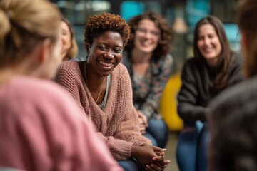 Obraz premium Diverse group of women laughing and talking together indoors, symbolizing friendship, connection, community and joy. Perfect for lifestyle, teamwork, social and advertising concepts.