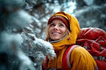Smiling woman wearing yellow winter jacket and red backpack exploring snowy forest, enjoying travel and outdoor adventure, active lifestyle and seasonal nature exploration in cold winter weather.