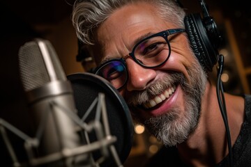 Happy mature man with gray hair, beard and glasses recording podcast in professional studio with microphone and headphones. Modern media, creativity, entertainment concept.