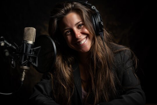 Smiling female podcast host in professional recording studio with microphone and headphones, confident media personality creating engaging audio content for podcast, radio, and digital streaming platf