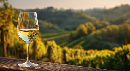 Glass of white wine on wooden railing with vineyard landscape at sunset. Romantic travel, lifestyle, wine tourism and luxury concept. Perfect for branding, posters, advertising and promotion.