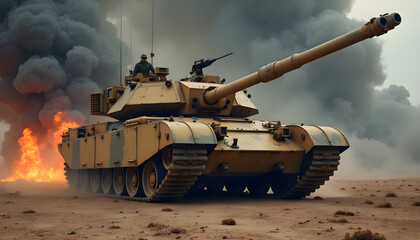 Military tank in a desert environment with fire and smoke in the background.