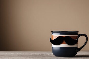 Coffee mug with mustache design on neutral background and copy space. Minimal masculine composition for International Men’s Day, Father’s Day, gift, celebration and lifestyle concept.