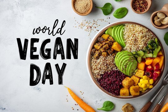 Top view of healthy vegan bowl with grains, vegetables and avocado on light background with World Vegan Day text. Concept of healthy lifestyle, plant based diet, clean eating and celebration.