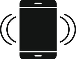 Black silhouette icon of a smartphone vibrating with sound waves emanating from its sides on a white background