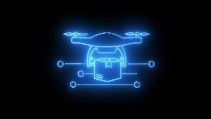 Digital concept of a drone making a delivery, depicted with a bright neon blue glow and connected data points for modern logistics and future automation - Powered by Adobe