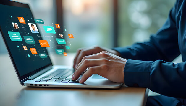 Man working on laptop with social media connections