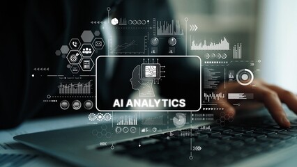 Concept of AI Analytics with Data Visualization and Digital Interface Elements in Close-Up View. Asymptotic smart data analytic.