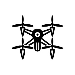 Illustration of a black drone with rotors on transparent background silhouette