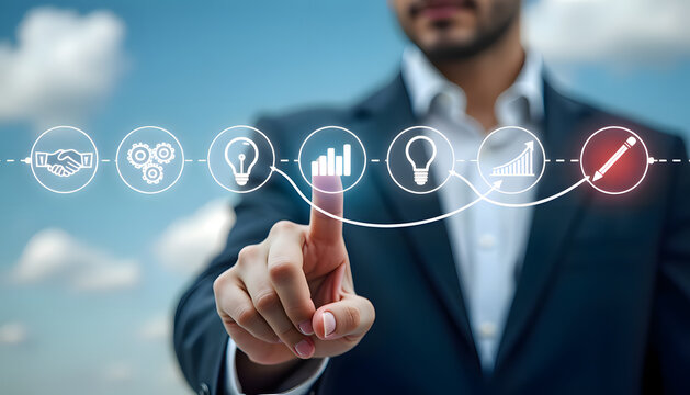 Businessman interacting with a business process diagram. - Powered by Adobe