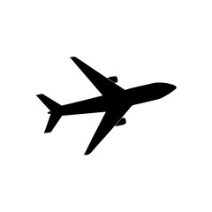 Black silhouette of an airplane in flight on transparent background