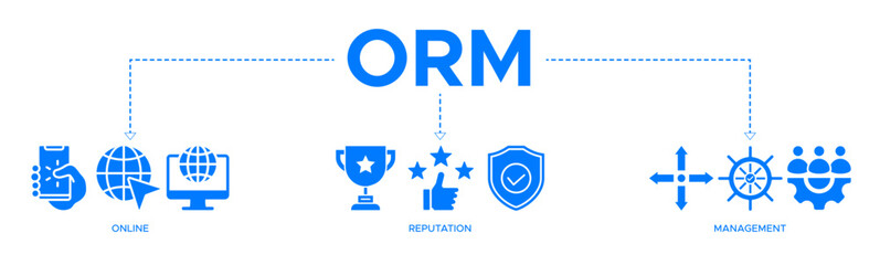 ORM banner web icon vector illustration concept for online reputation management with icons of internet, browser, winner, trust, favorite, and business