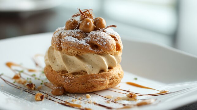 French Paris-Brest choux pastry with praline cream, fine dining plate