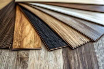 Variety of laminate and vinyl flooring samples in different wood grain patterns and colors for interior design.