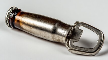 Close up of a vintage metal bottle opener on a white background