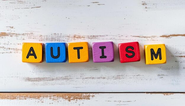 Colorful wooden blocks spelling out the text "AUTISM" each block featuring a single bold black letter. The blocks are in vibrant red, blue, yellow, purple, green, and orange colors arranged on a cle
