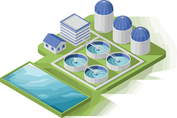 Isometric 3D illustration of modern wastewater treatment plant with water purification tanks, clean water facility, environmental sustainability, sewage processing system
