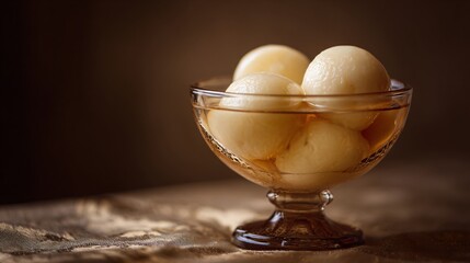 Indian rasgulla in syrup, elegant glass bowl