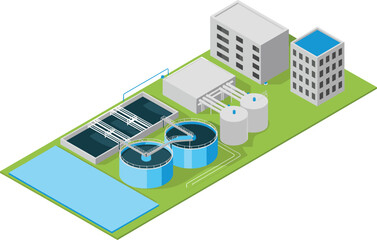 Obraz premium Isometric 3D illustration of modern water treatment plant with purification tanks, clean water recycling facility, sewage management system, sustainable technology