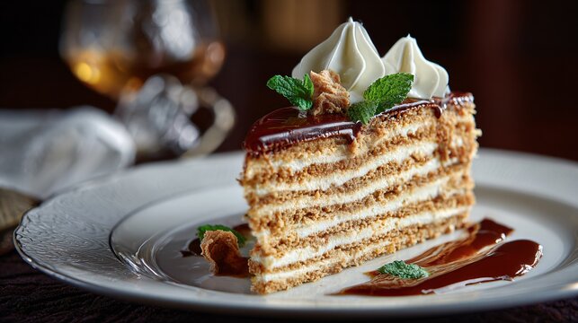 Hungarian dobos torte slice, elegant fine dining presentation