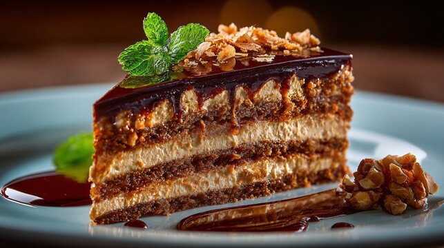 Hungarian dobos torte slice, elegant fine dining presentation