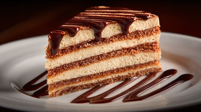 Hungarian dobos torte slice, elegant fine dining presentation