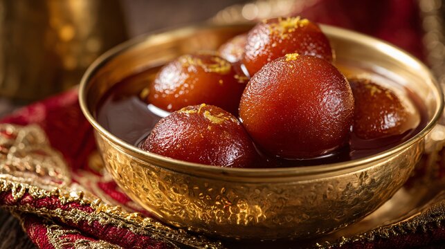 Indian gulab jamun in syrup, brass bowl, festive textile background