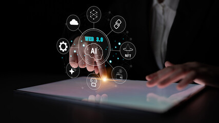 The Web 3.0 technology ecosystem, the next generation of the internet. A concept of a decentralized web with AI, blockchain, NFT, and cryptocurrency. Motif