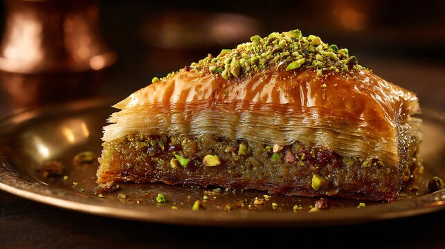 Iranian baklava cake slice, brass plate with pistachio garnish