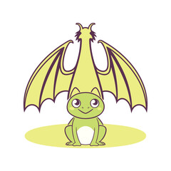 Obraz premium Adorable cartoon frog with dragon wings and spikes sitting on a yellow oval