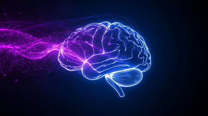Abstract flow of data streams and binary code across a translucent brain silhouette on a dark background.
