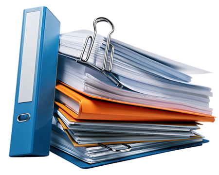 Blue binder and stack of papers with binder clip isolated on a transparent background
