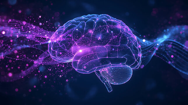 Abstract flow of data streams and binary code across a translucent brain silhouette on a dark background.
