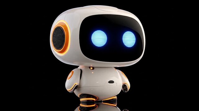 Cute animated robot character design with glowing eyes on black backdrop