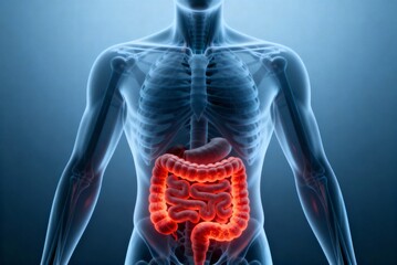 An anatomical illustration of the human digestive system, showcasing organs in a glowing red hue against a dark blue background.