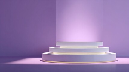 Obraz premium Three-tiered platform on a pastel purple background lit by a single spotlight