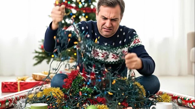 Stressed man untangling christmas lights in a festive setting as he prepares for the holiday season footage