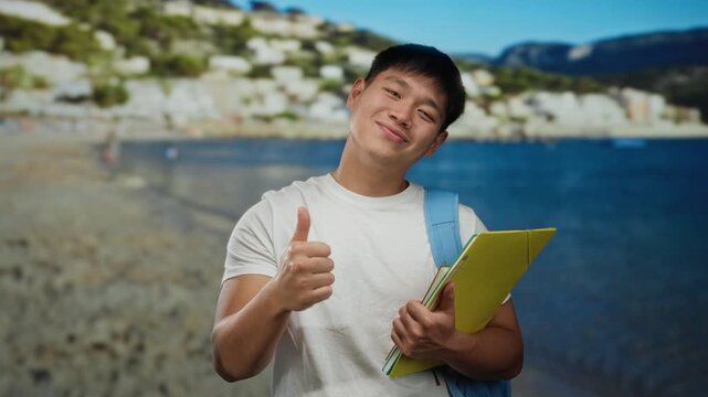 Young man on seaside, smiling and giving thumbs up while holding a folder, wearing a backpack, enjoying the beach setting with a clear blue sea in the background.