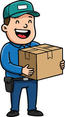 Delivery man holding cardboard box smiling in blue uniform and green cap vector illustration 